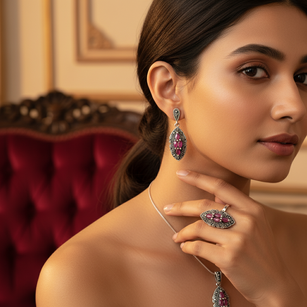 925 Silver Ruby Jewelry Set | Earrings, Ring & Pendant - Women's Gift