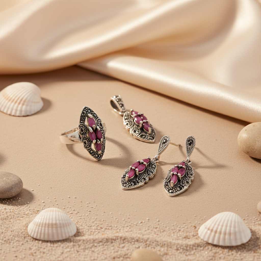 925 Silver Ruby Jewelry Set | Earrings, Ring & Pendant - Women's Gift