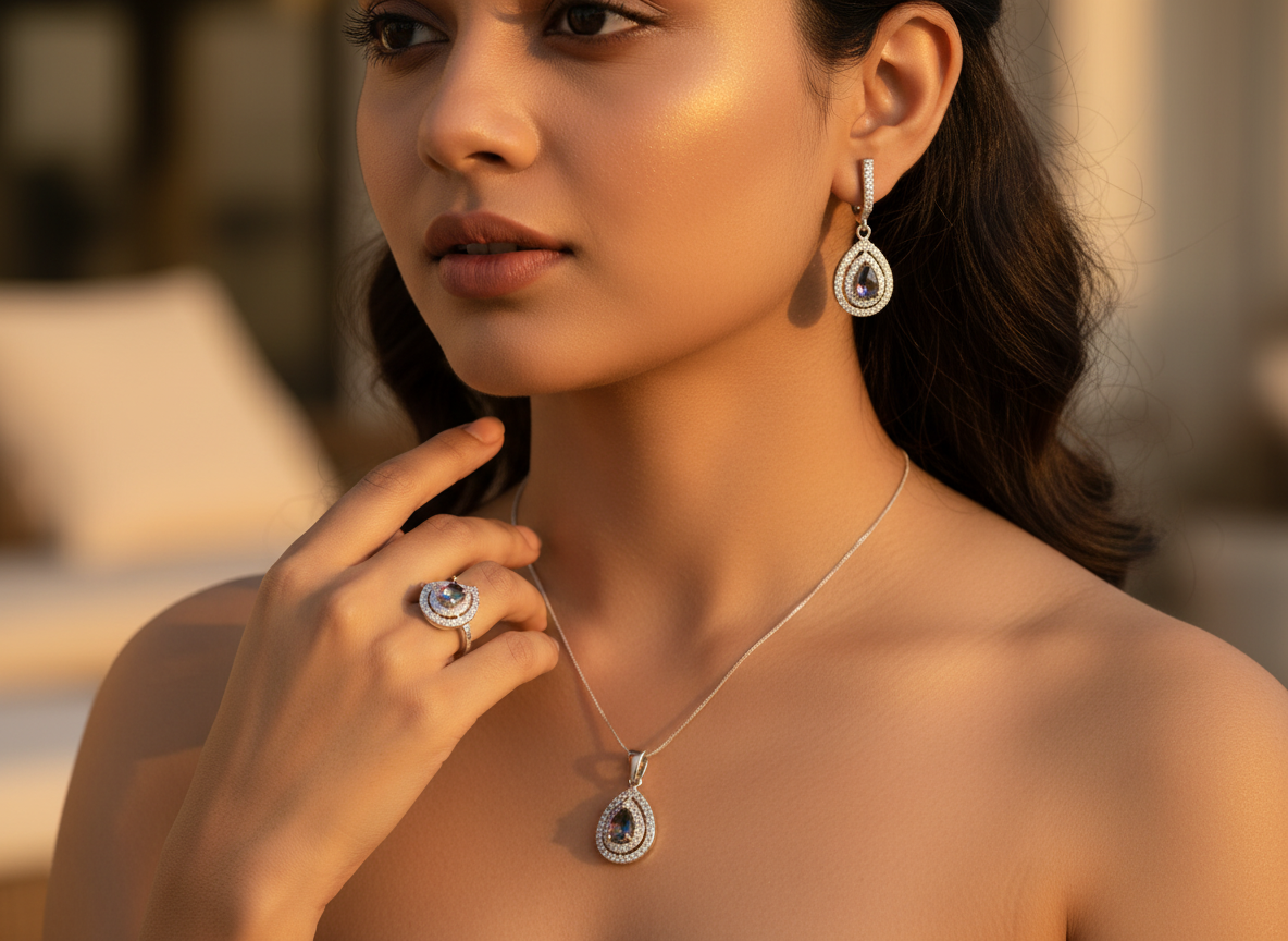 925 silver mystic topaz jewelry set | earrings, ring & pendant