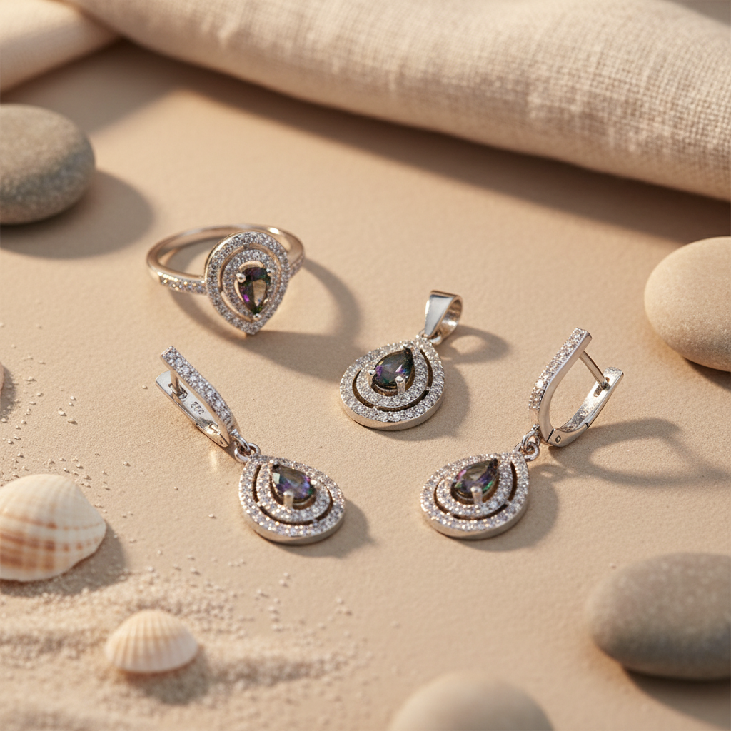 925 Silver Mystic Topaz Jewelry Set | Earrings, Ring & Pendant