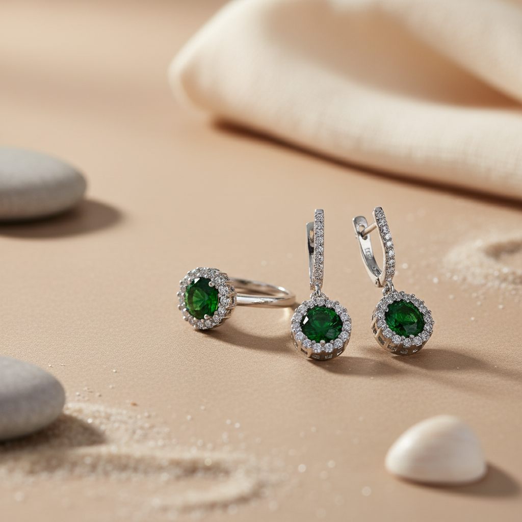 925 Silver Emerald Ring & Earrings Set for Women | Gift Jewelry