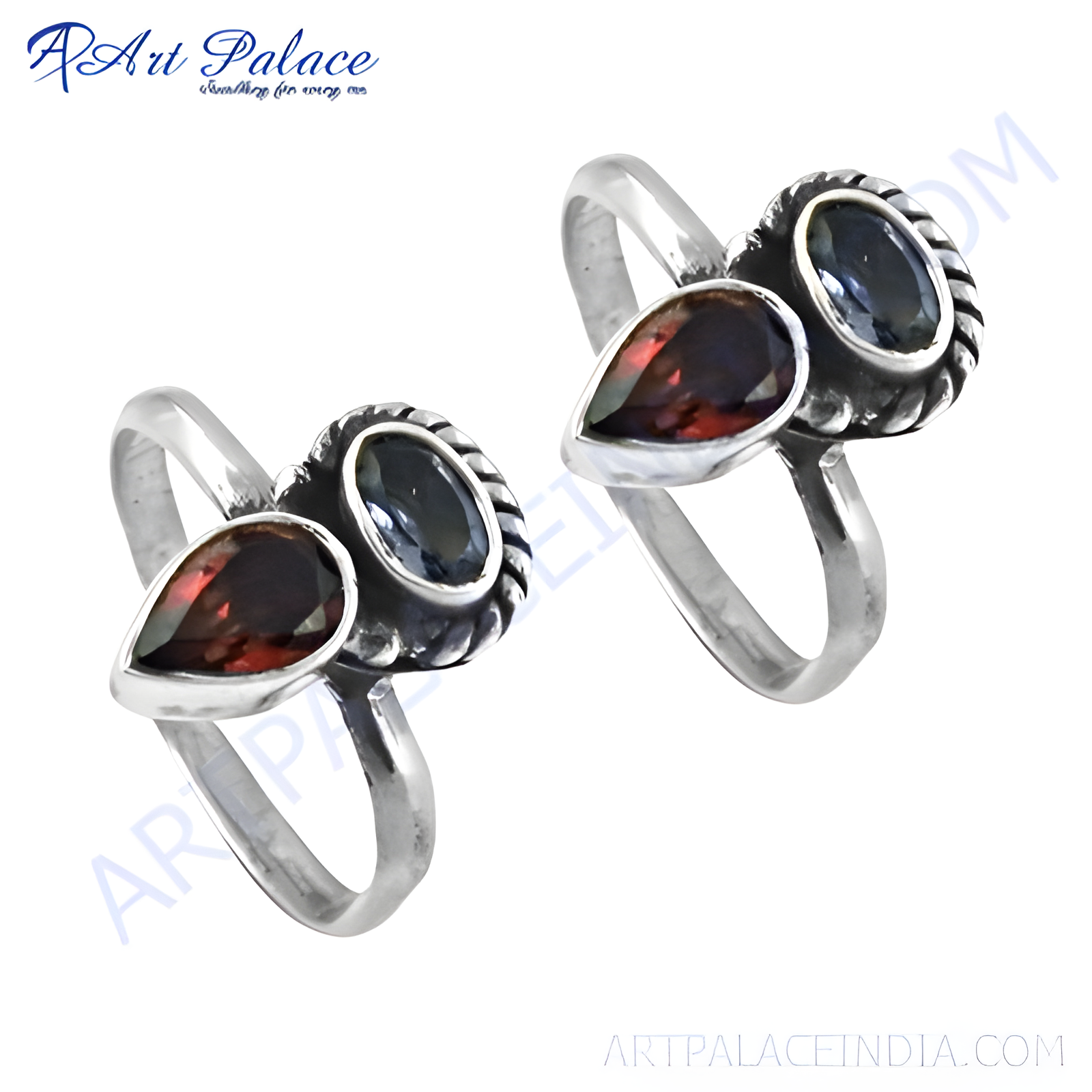 925 Sterling Silver Toe Rings featuring pear-shaped garnet and oval blue topaz gemstones.