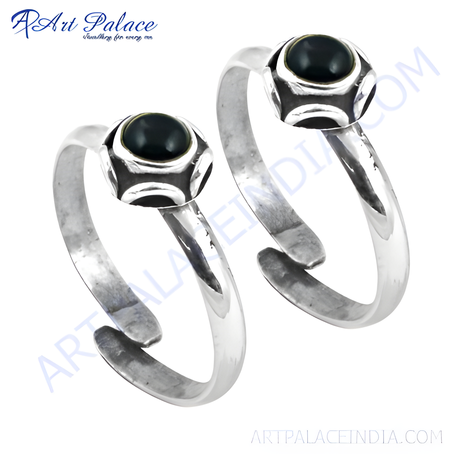 Sterling silver toe rings featuring black gemstones, perfect for women's jewelry collections.