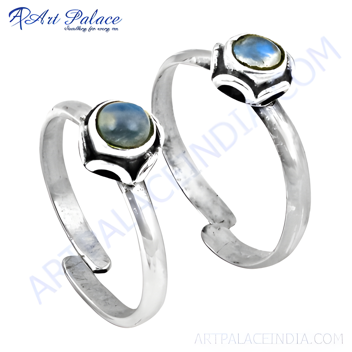 925 sterling silver adjustable toe rings featuring blue moonstone gemstone accents on white background.