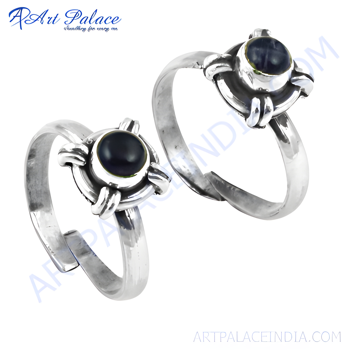 Two 925 sterling silver adjustable rings with a black gemstone center