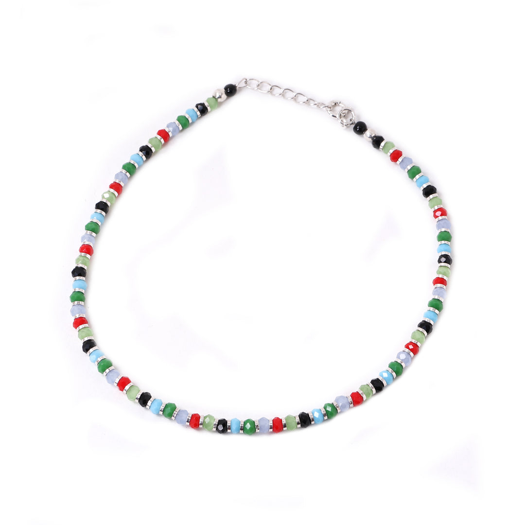 925 Silver Anklet with Multicolor Glass Beads | Handcrafted Boho Jewelry