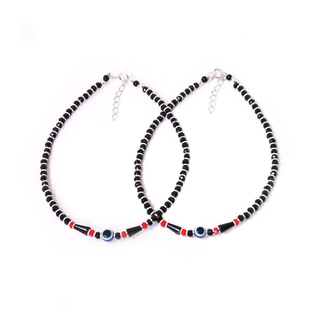 925 Silver Evil Eye Anklet with Black Beads | Handcrafted Protection Jewelry