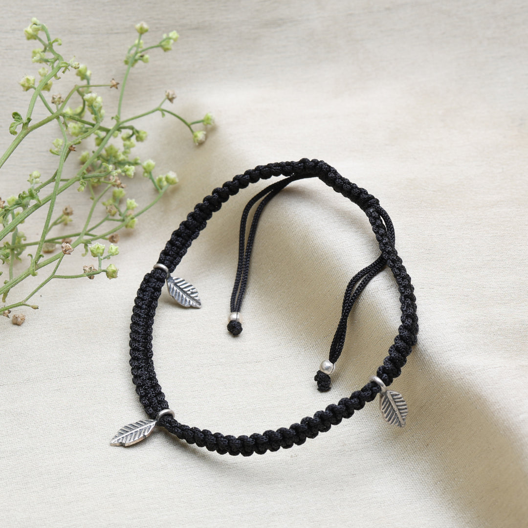 Black Macrame Cord Bracelet with Silver Leaf Charms | Adjustable