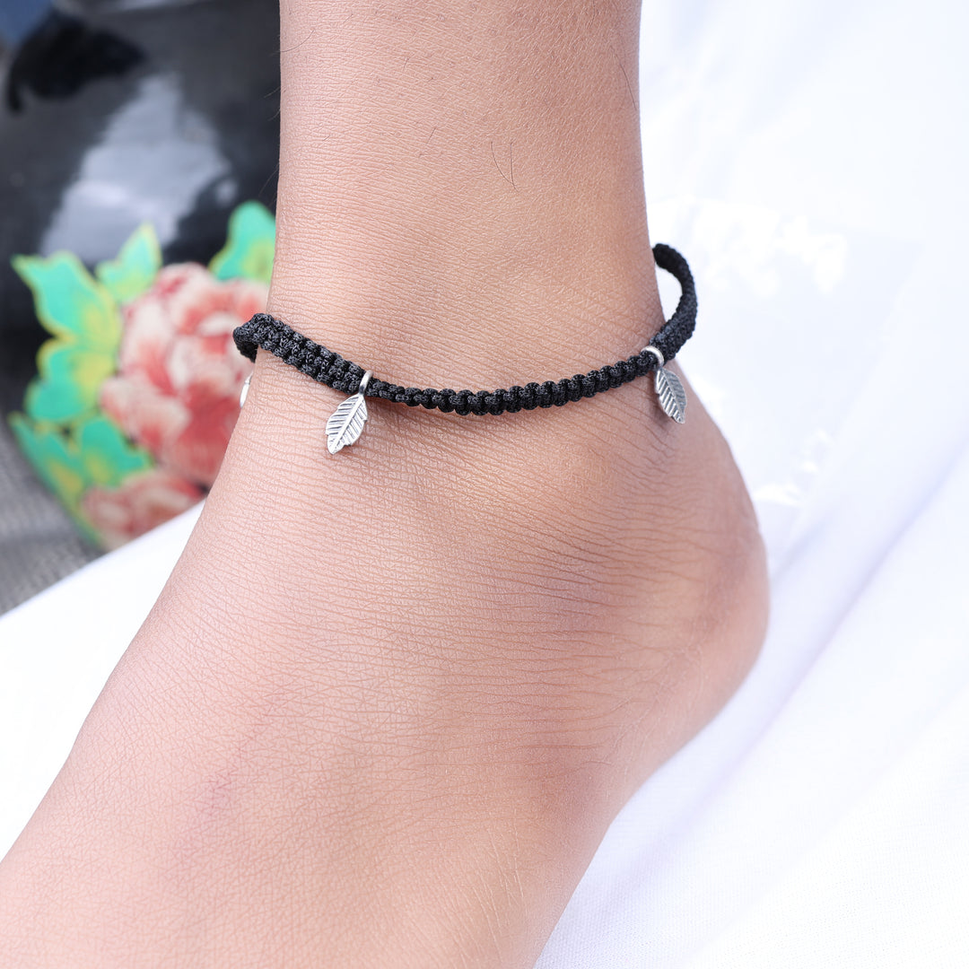 Black Macrame Cord Bracelet with Silver Leaf Charms | Adjustable