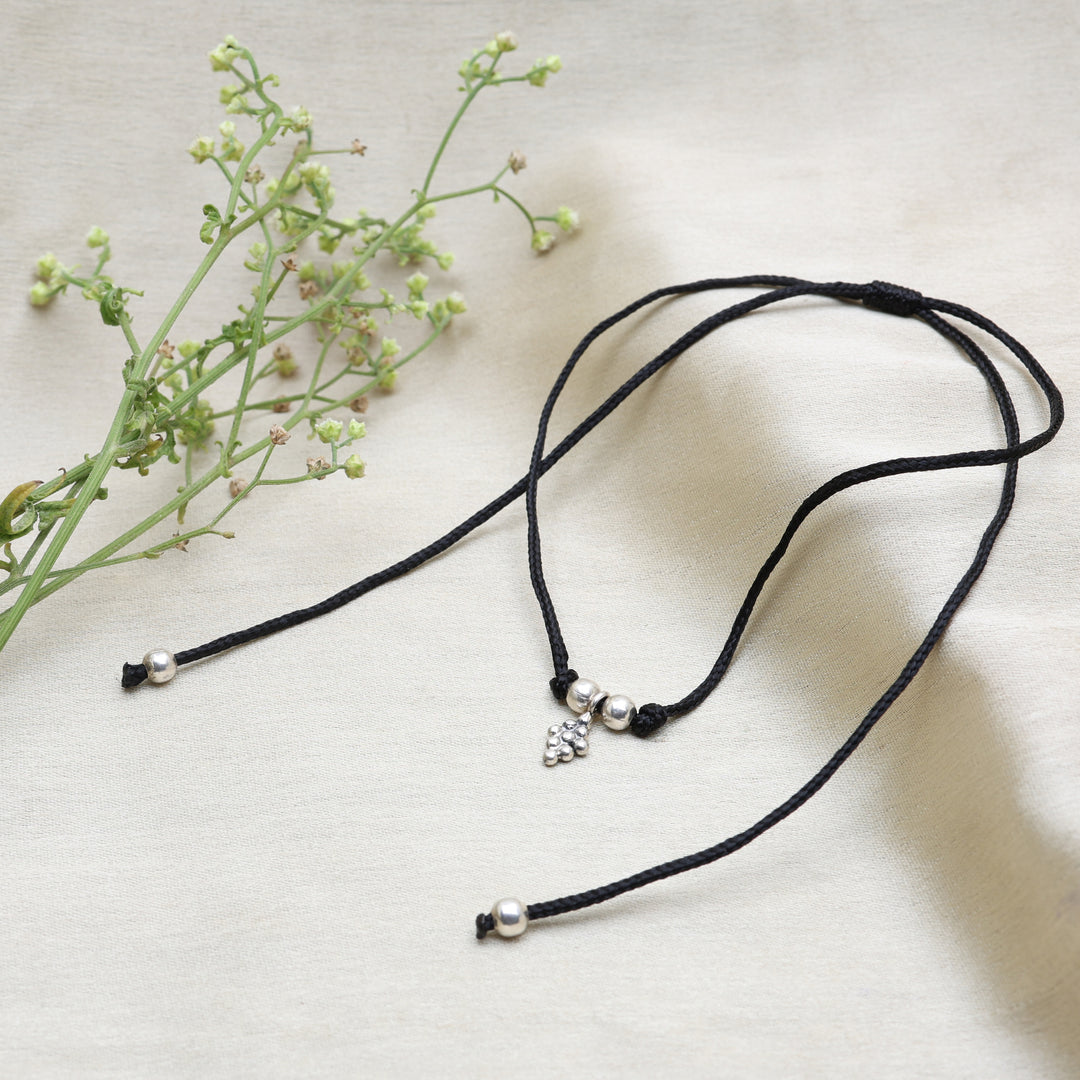 925 Silver Floral Charm Anklet on Black Cord | Handcrafted Boho Jewelry