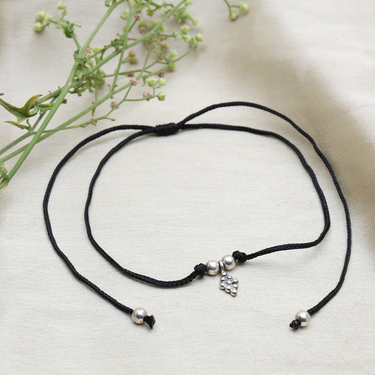 925 silver floral charm anklet on black cord | handcrafted boho jewelry