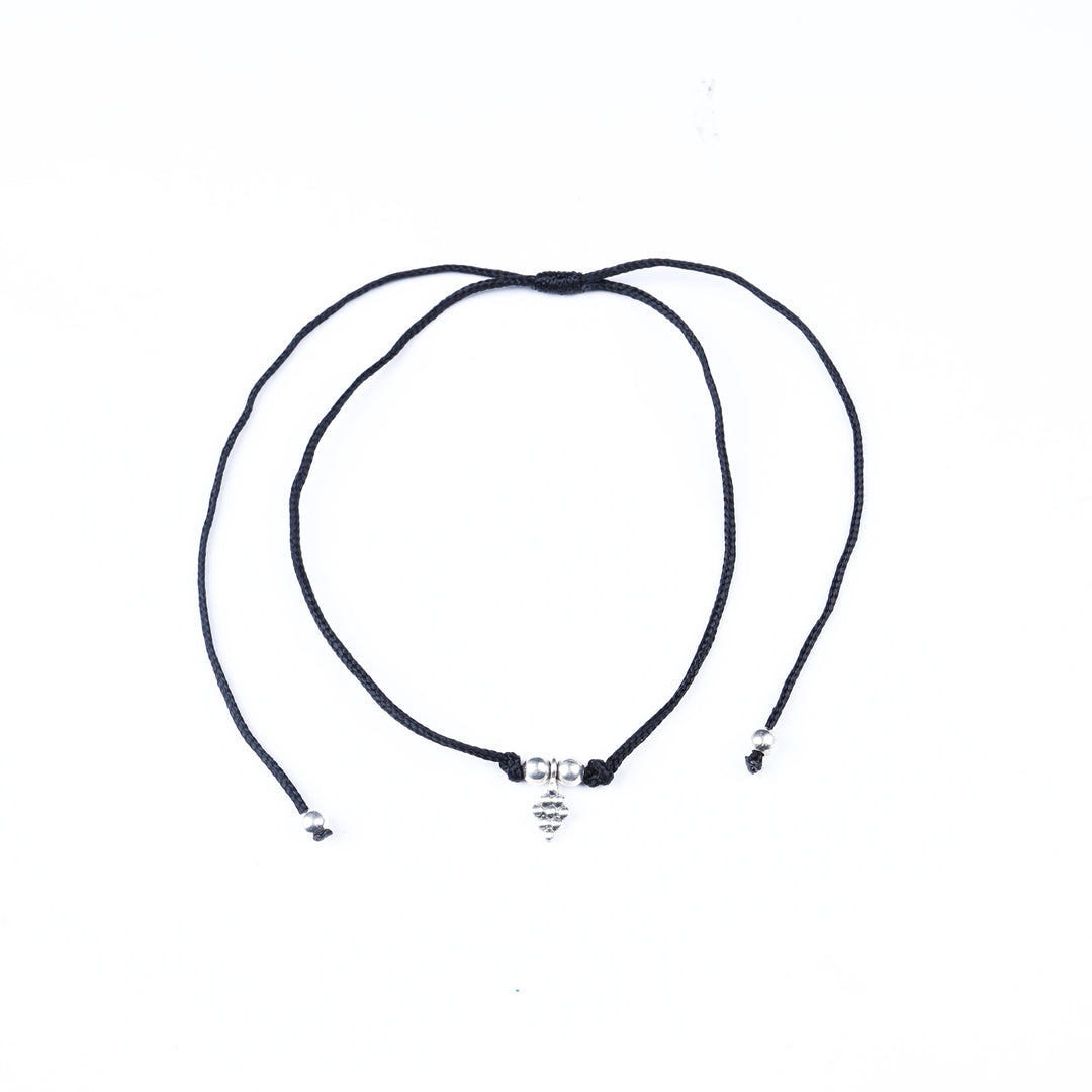 925 Silver Floral Charm Anklet on Black Cord | Handcrafted Boho Jewelry
