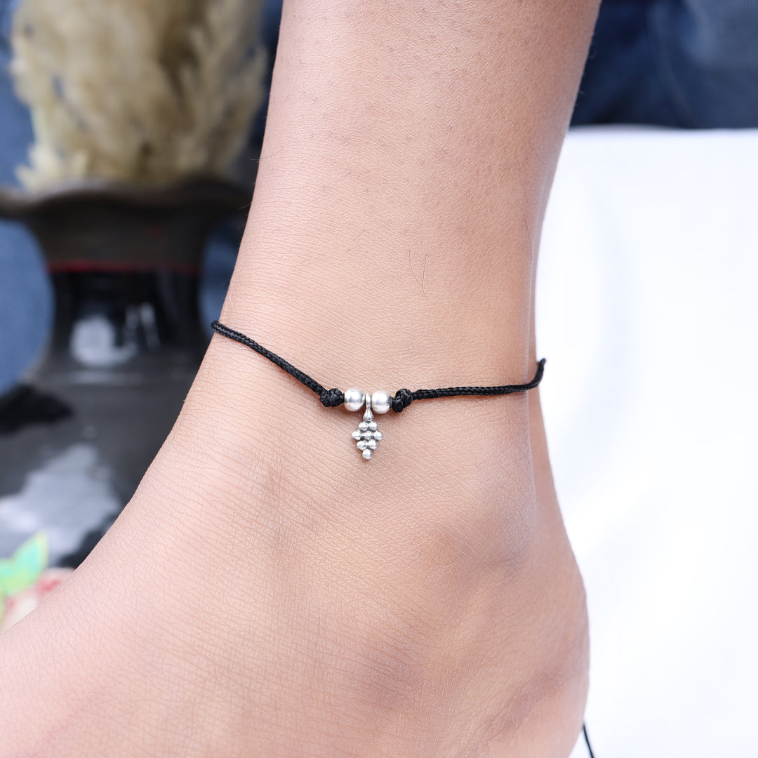 925 Silver Floral Charm Anklet on Black Cord | Handcrafted Boho Jewelry