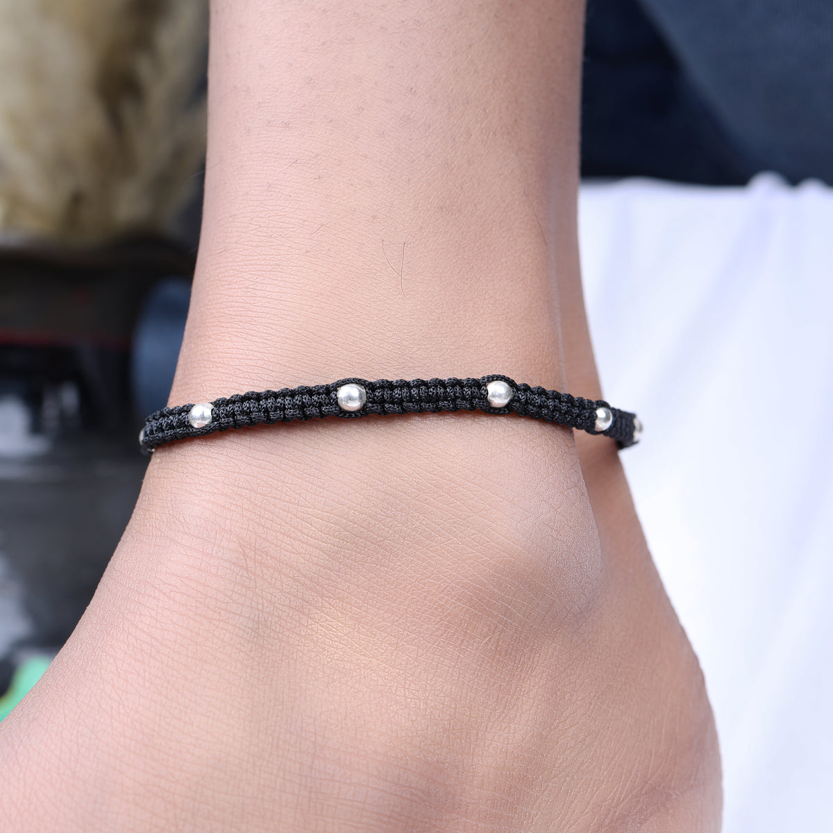 Black macrame bracelet with silver beads | adjustable closure