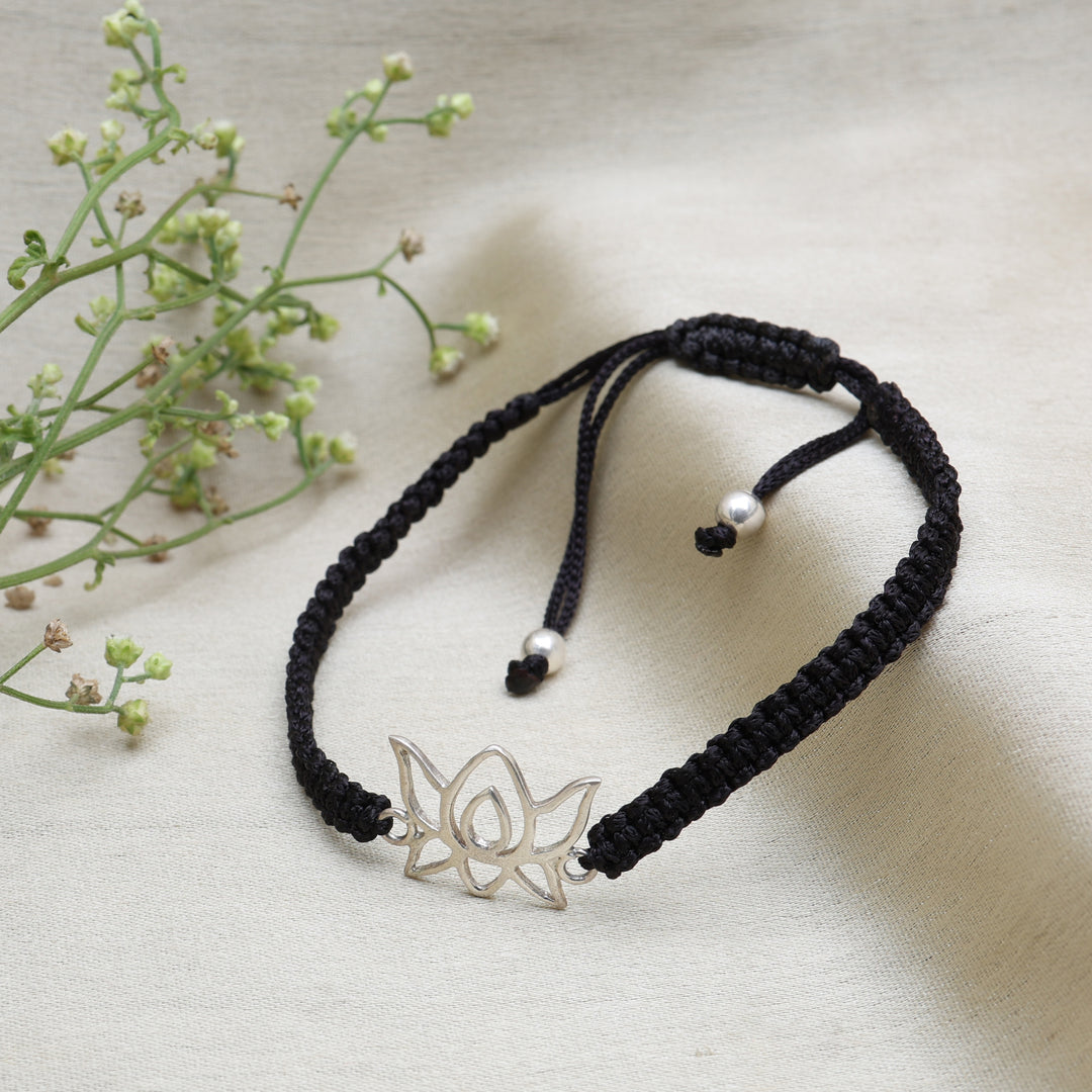 Adjustable Black Cord Bracelet with Sterling Silver Lotus Charm