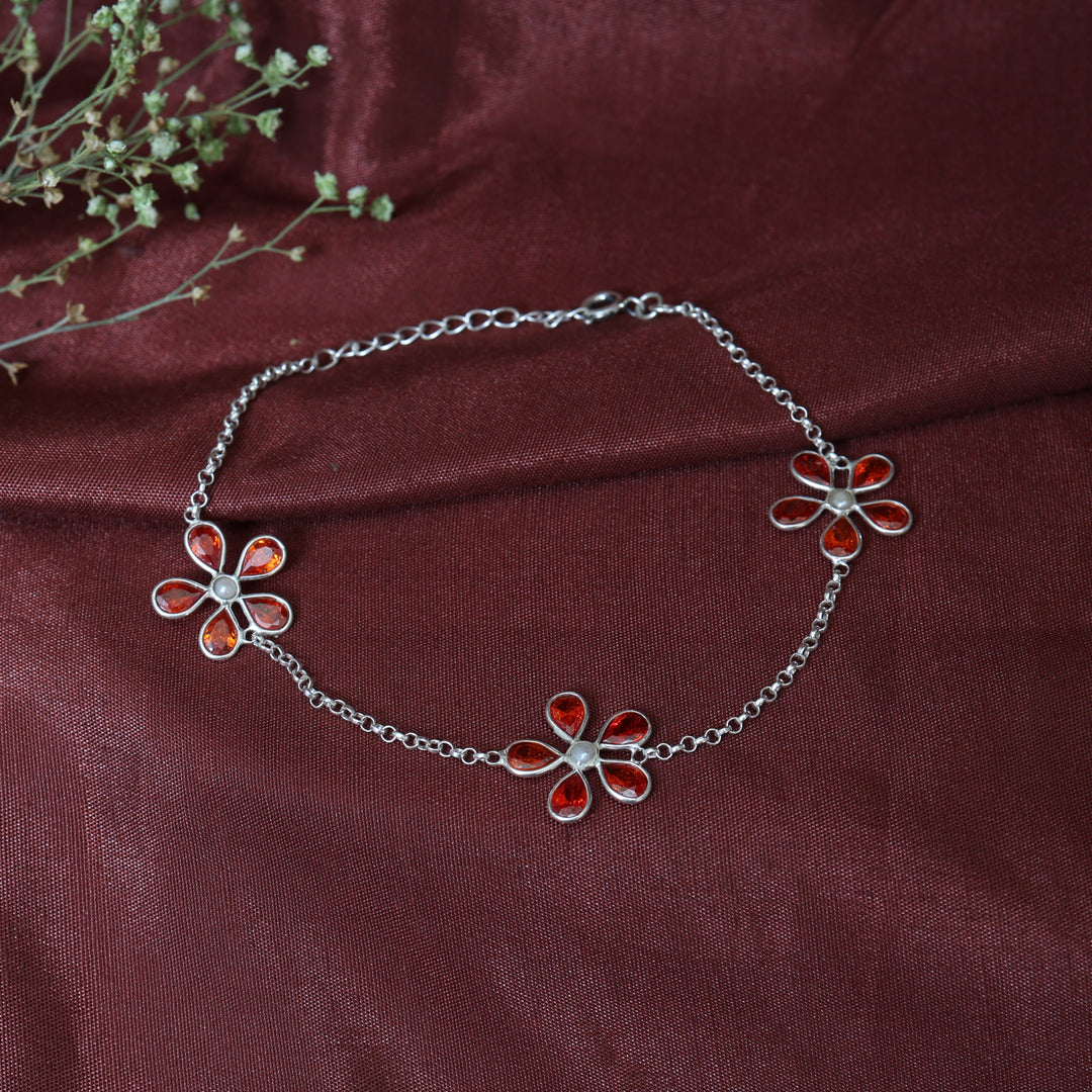 925 Silver Flower Bracelet with Garnet Stones | Women's Jewelry