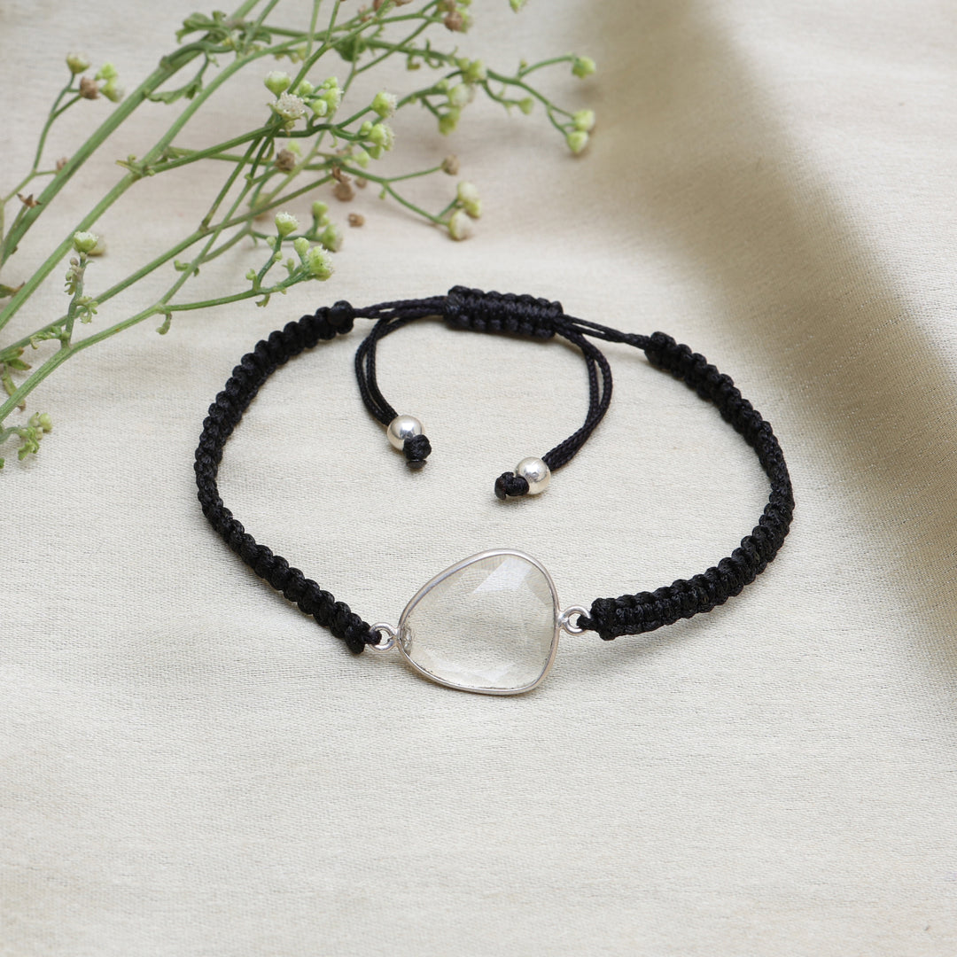Adjustable Black Cord Bracelet with Clear Quartz Heart Stone