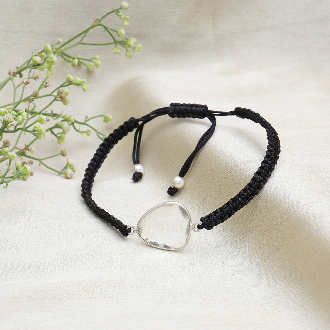 Adjustable Black Cord Bracelet with Clear Quartz Heart Stone