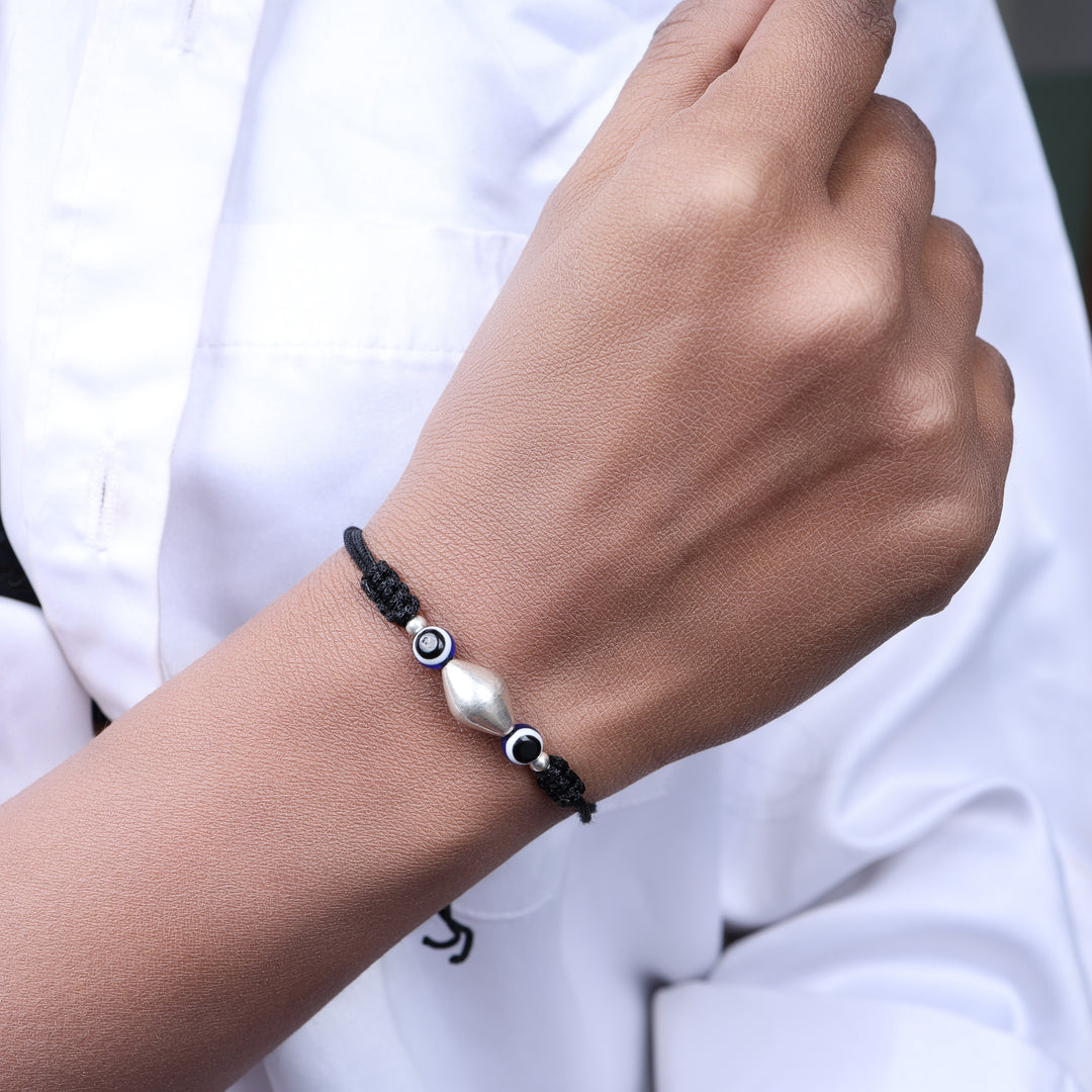 Black Cord Adjustable Bracelet with Silver Bead and Evil Eye Charms