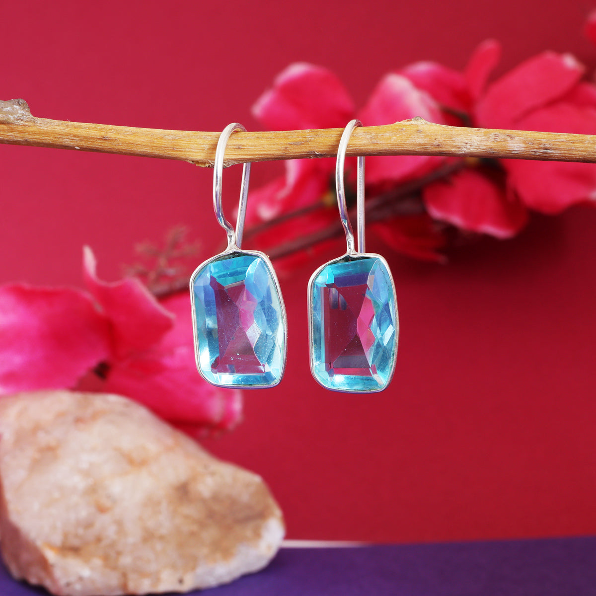 Silver blue topaz drop earrings for women | daily wear jewelry