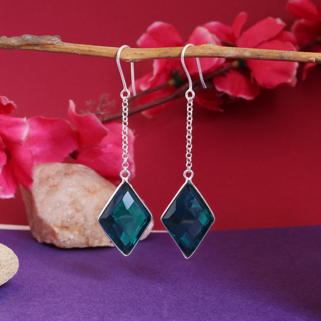 Silver Teal Diamond Drop Earrings for Women | Gemstone Jewelry