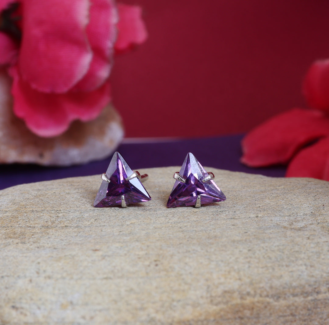 Silver Trillion Cut Amethyst Stud Earrings for Women