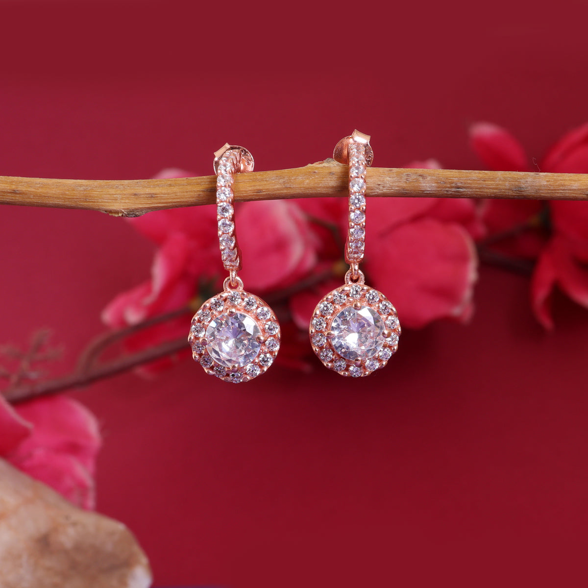 Rose gold halo drop earrings with cubic zirconia | for women