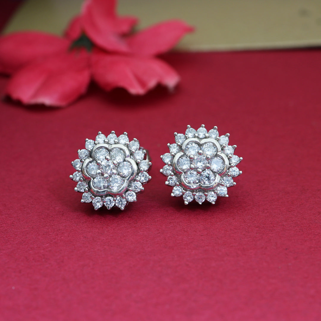 Silver Diamond Stud Earrings | Floral Design for Women