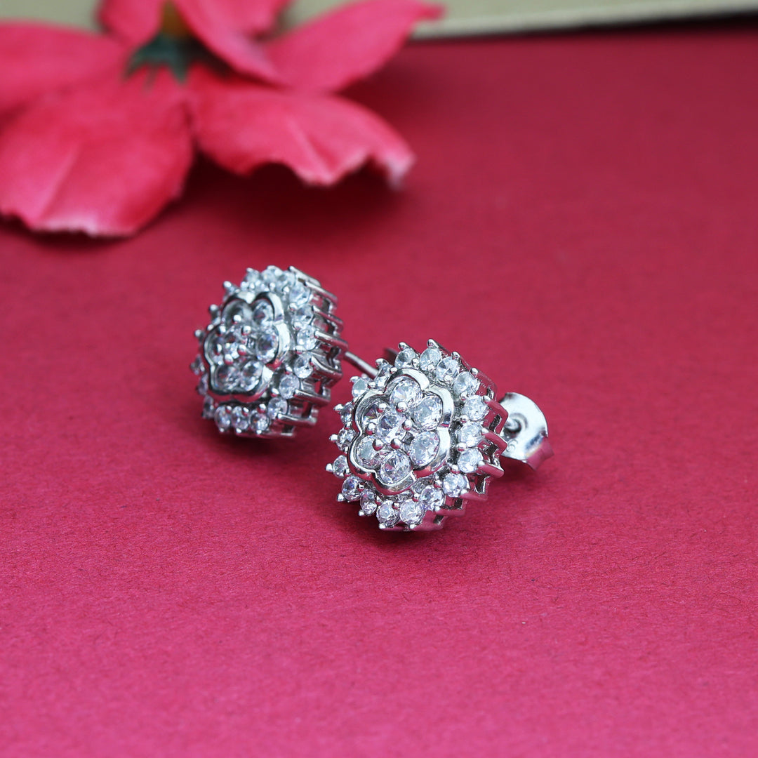 Silver Diamond Stud Earrings | Floral Design for Women