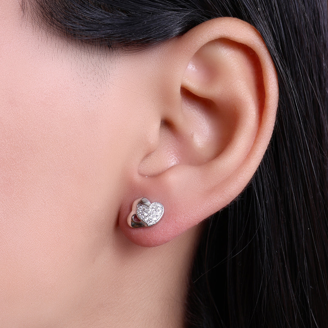 925 Silver Heart Stud Earrings | Diamond CZ for Women
