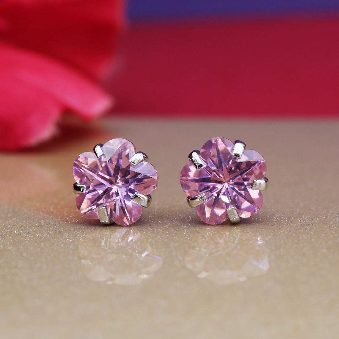 Silver Pink Sapphire Stud Earrings | Flower Design | For Women