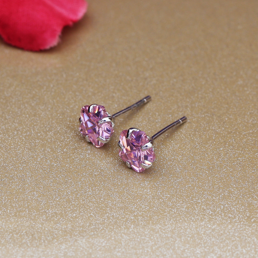 Silver Pink Sapphire Stud Earrings | Flower Design | For Women