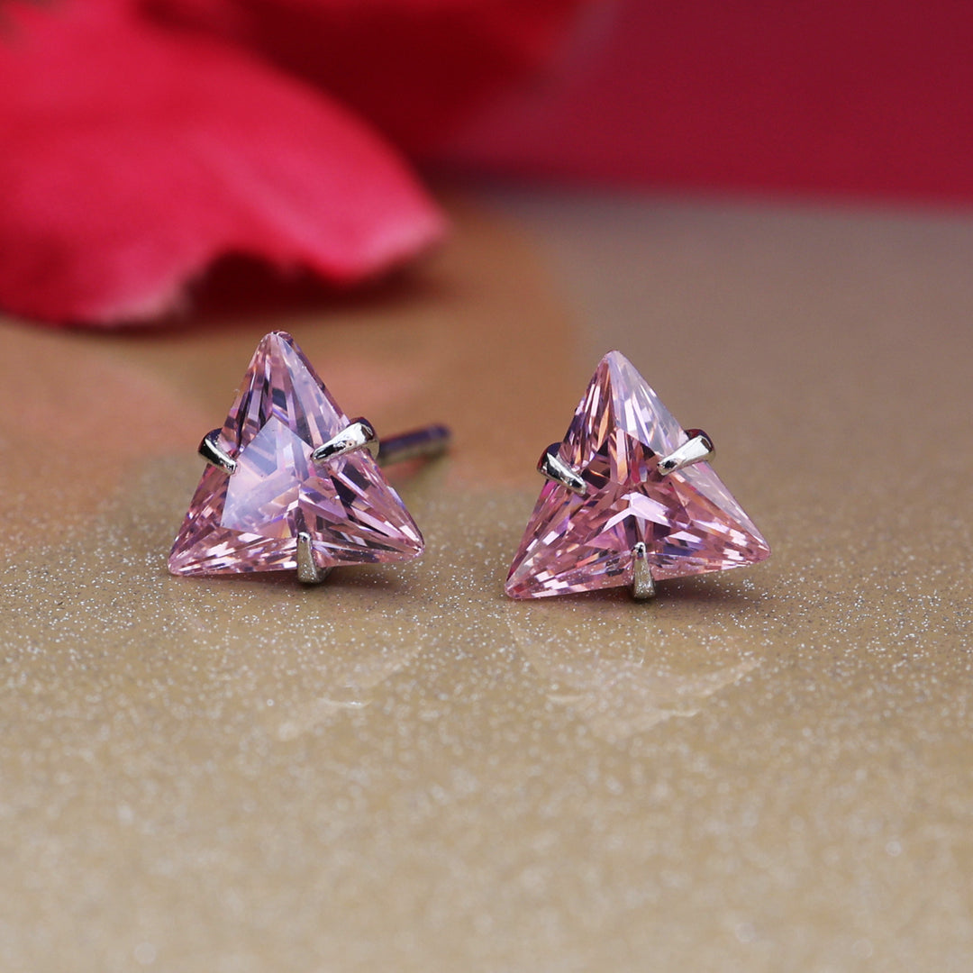 Silver Pink Trillion Stud Earrings for Women | Gift Jewelry