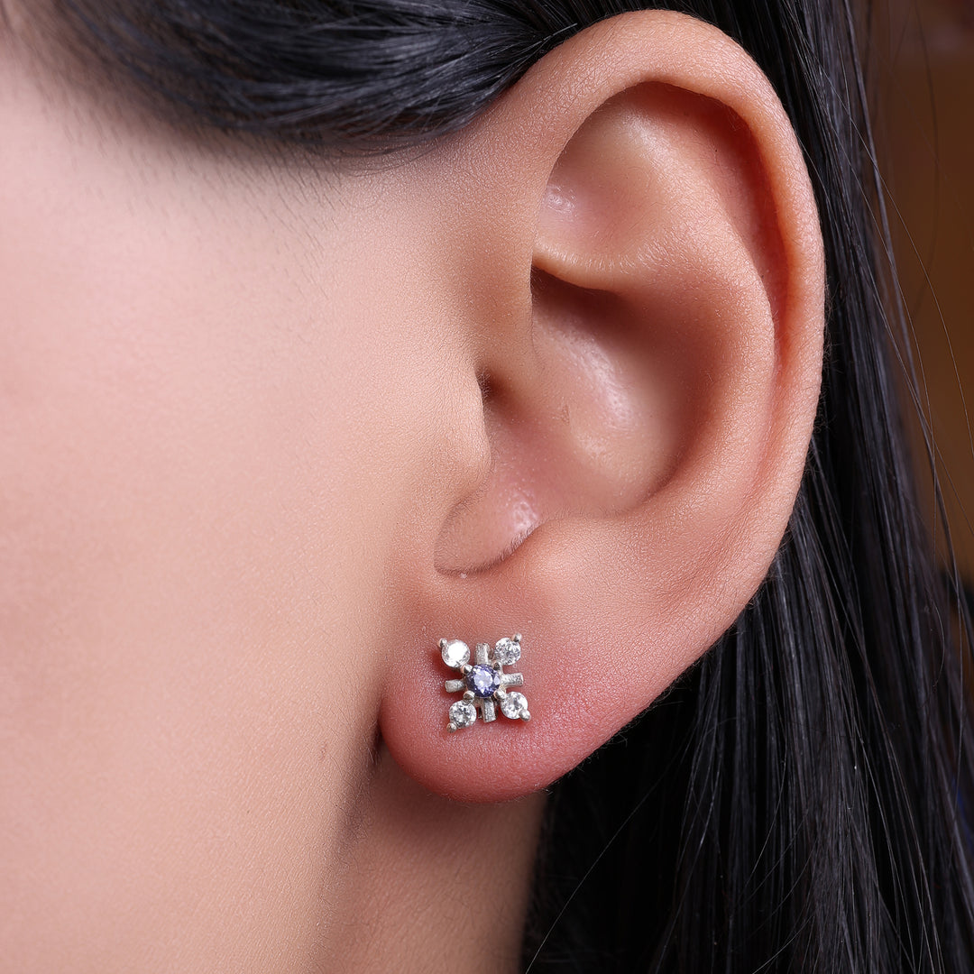 925 Silver Flower Stud Earrings with Purple Gemstone | Gift