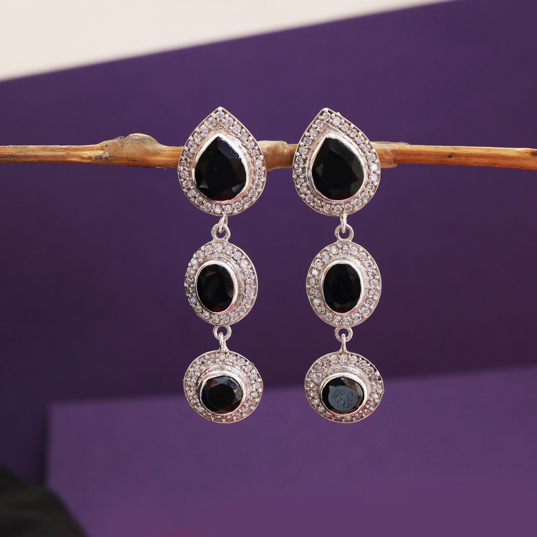 925 Silver Black Gemstone Dangle Earrings | For Women | Gift