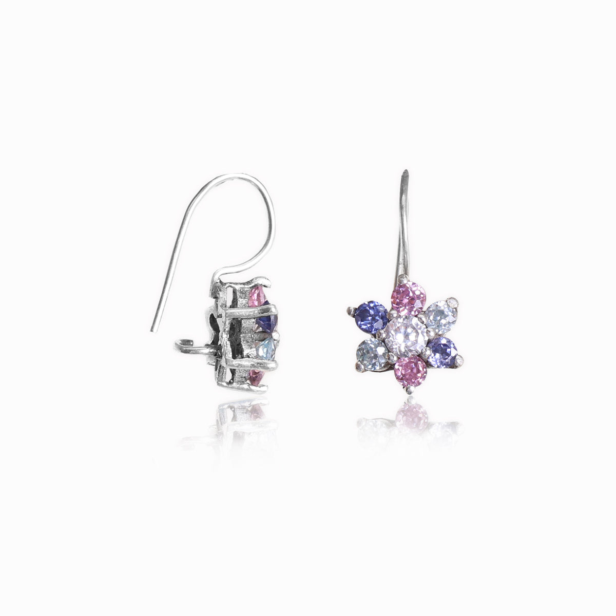 Silver flower earrings with multicolor gemstones for women