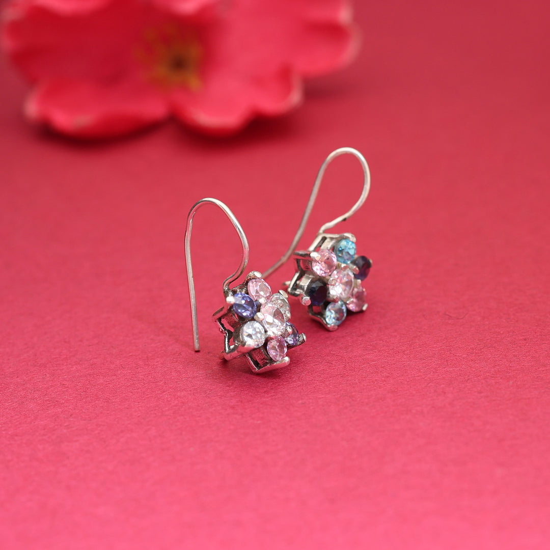 Silver Flower Earrings with Multicolor Gemstones for Women