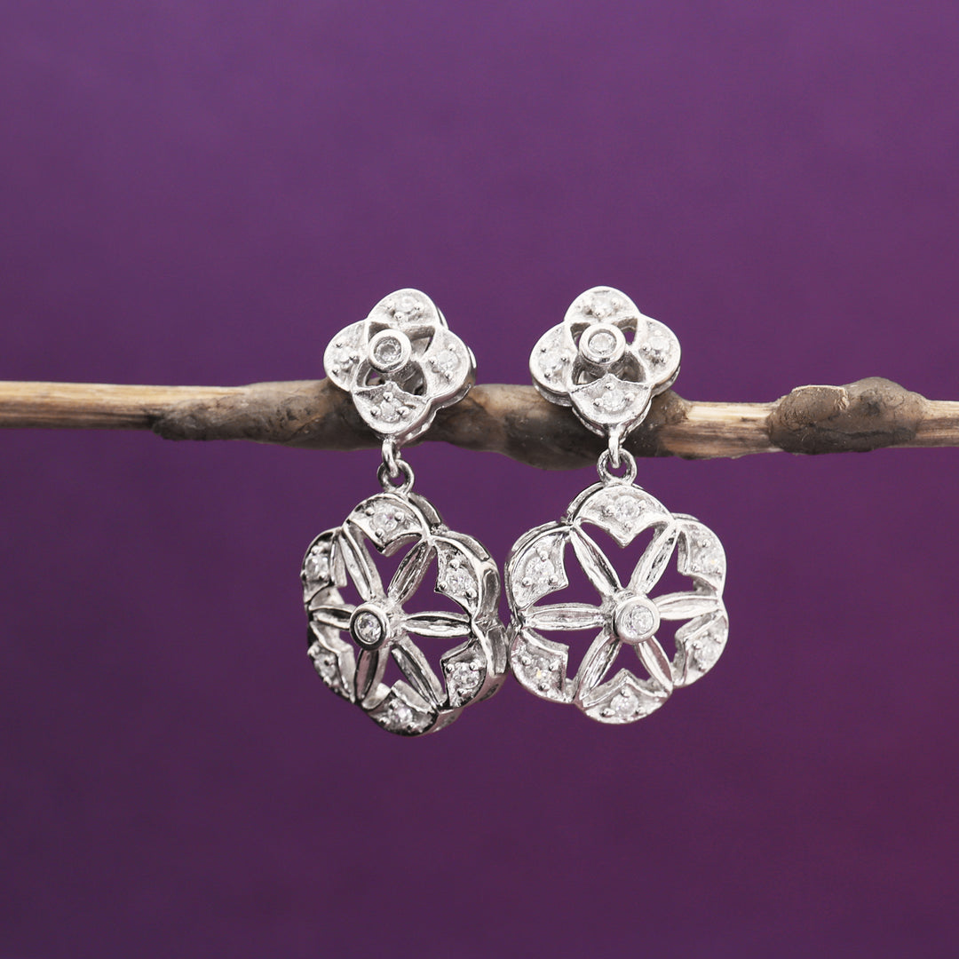 Silver Flower Earrings with Diamonds for Women | Dangle Earrings