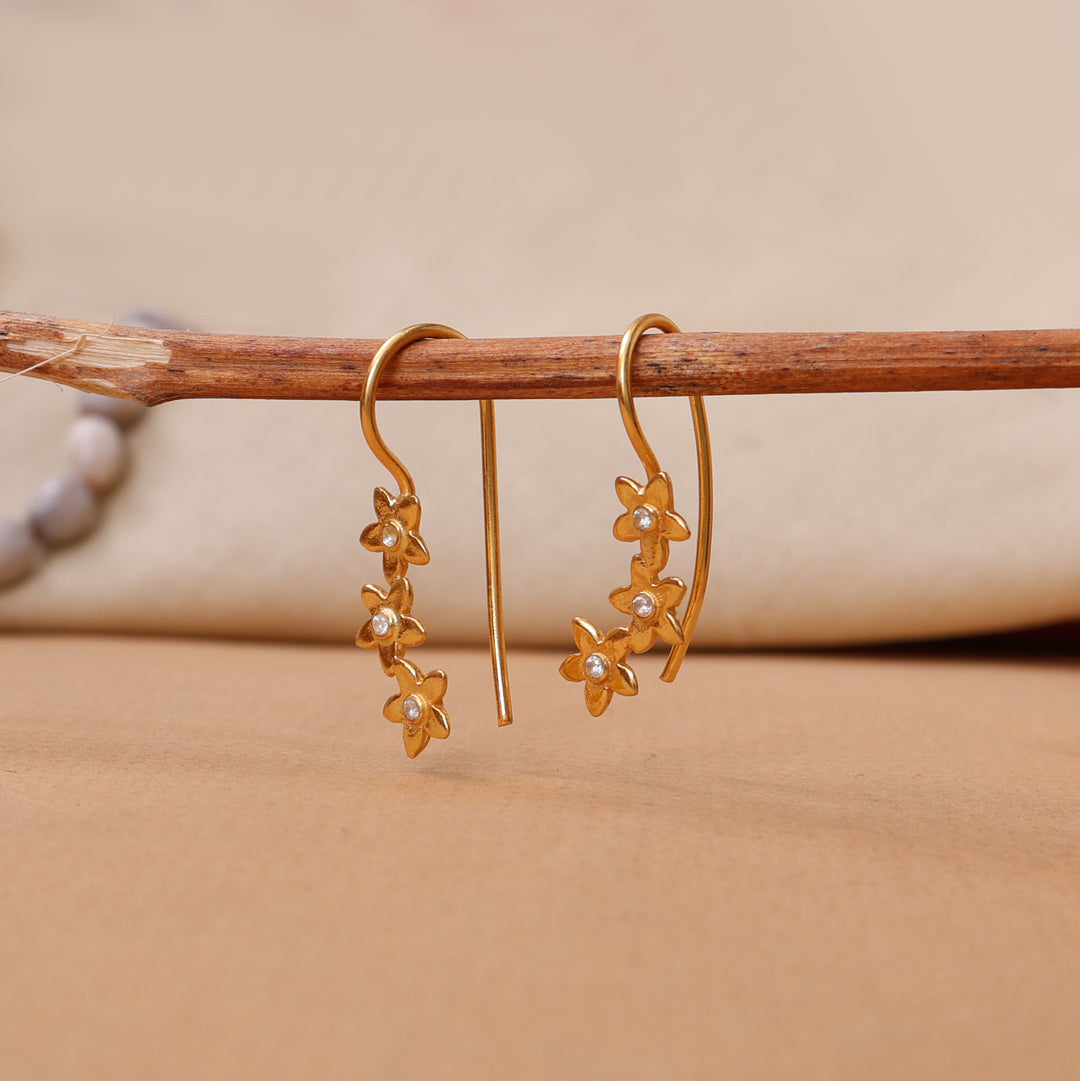 gold plating Flower Drop Earrings with Diamonds | Women's Jewelry Gift