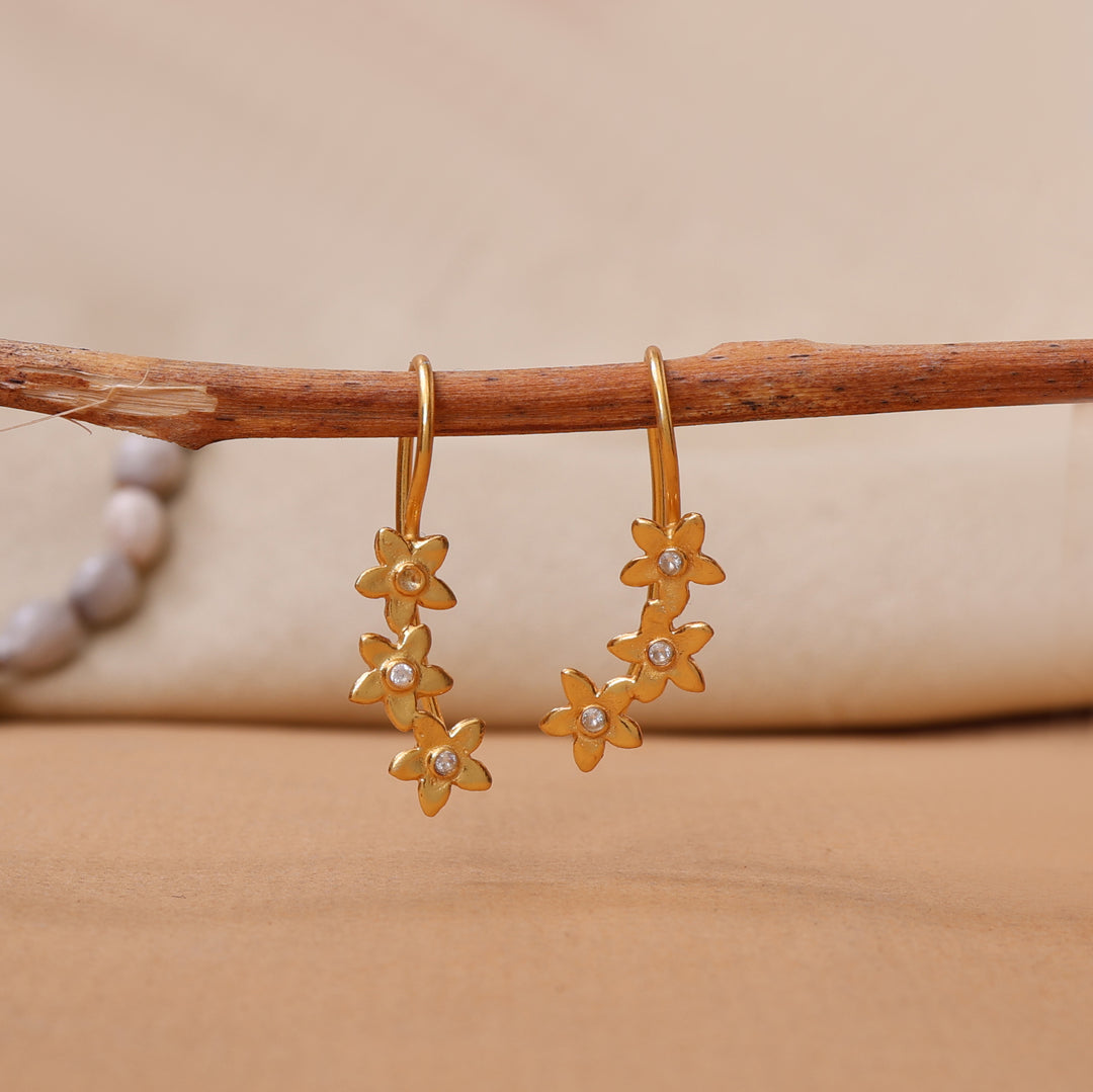 gold plating Flower Drop Earrings with Diamonds | Women's Jewelry Gift