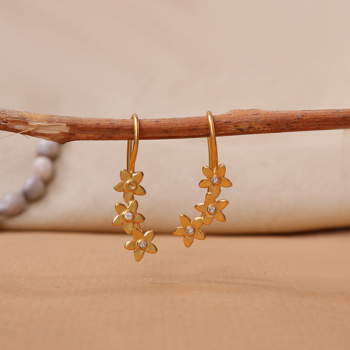 Gold plating flower drop earrings with diamonds | women's jewelry gift
