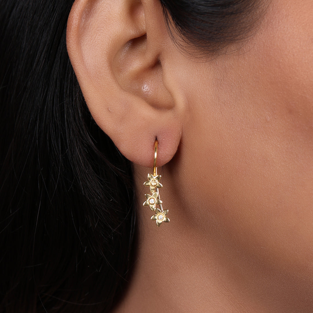 gold plating Flower Drop Earrings with Diamonds | Women's Jewelry Gift