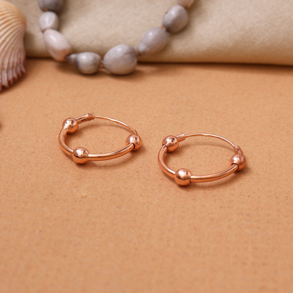 Rose gold plating hoop earrings with ball charm | women's jewelry gift