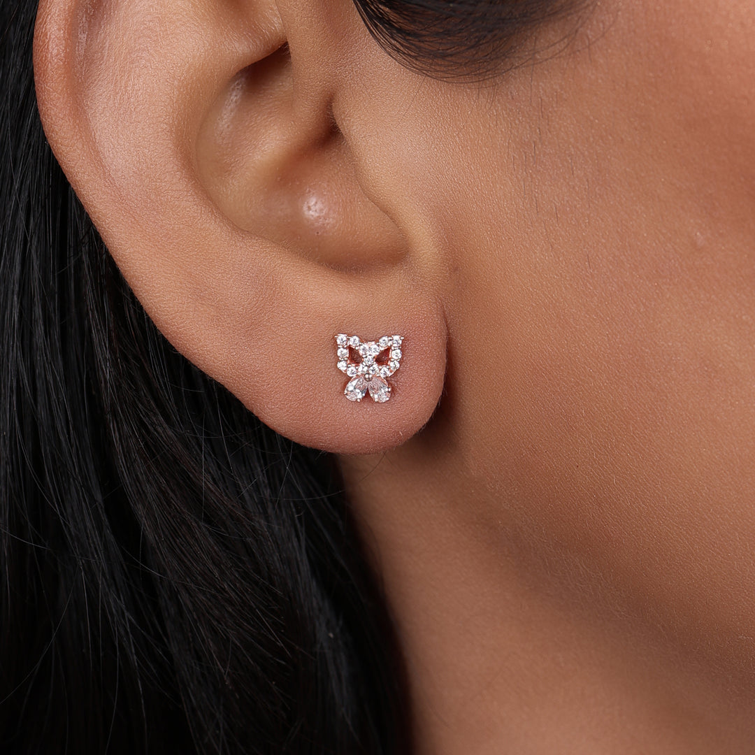 Rose gold plating Bow Stud Earrings with Crystals | Gift for Her