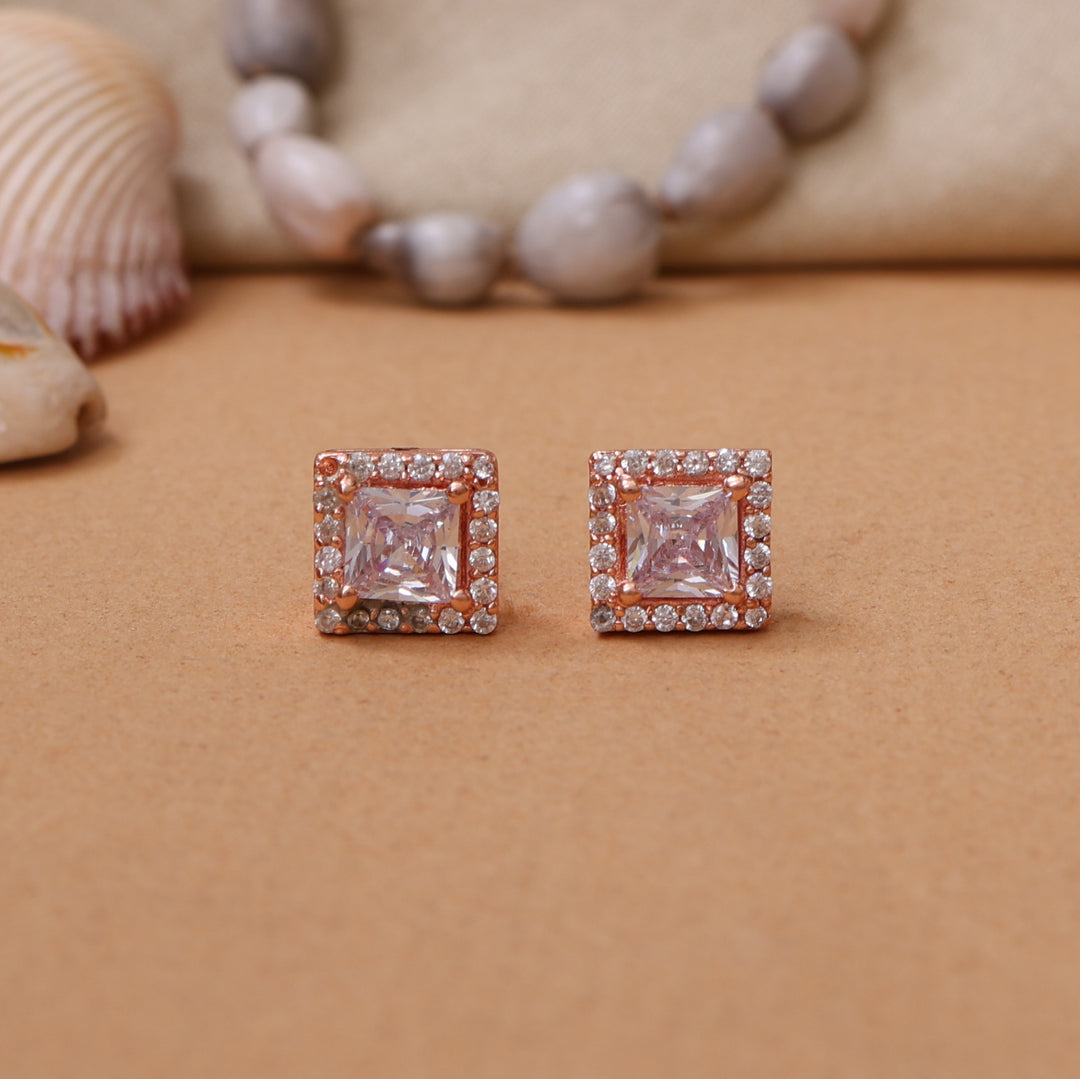 Rose gold plating Square Stud Earrings with Cubic Zirconia | Women's Jewelry
