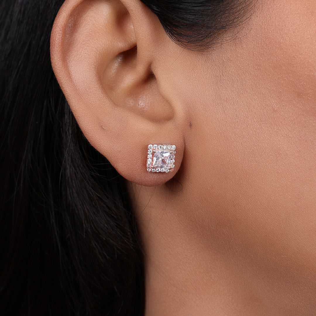 Rose gold plating Square Stud Earrings with Cubic Zirconia | Women's Jewelry