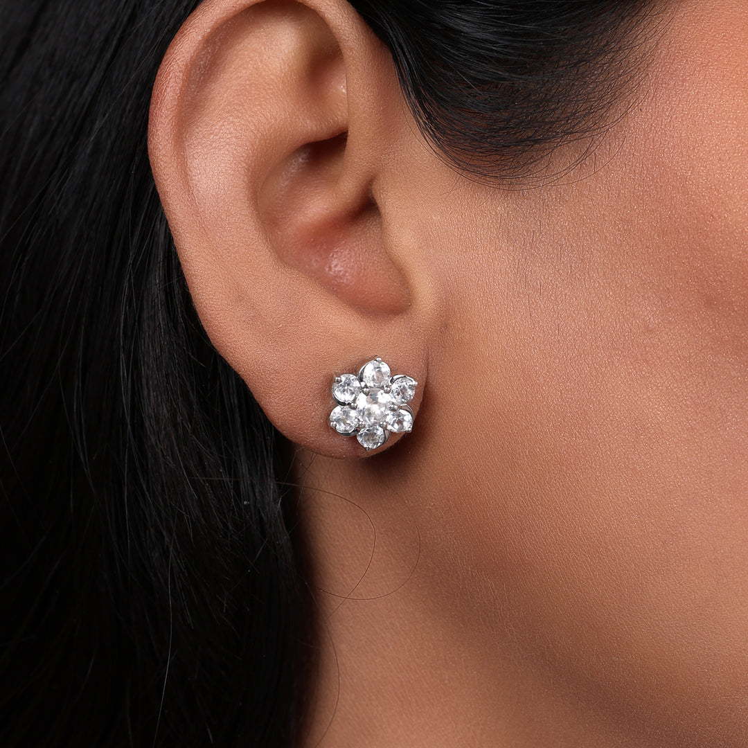 Silver Flower Stud Earrings | Cubic Zirconia | Daily Wear