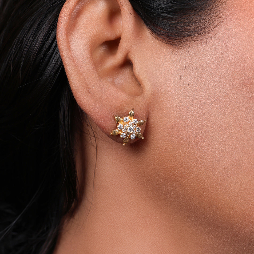 gold plating Floral Stud Earrings with Diamonds | Women's Jewelry Gift