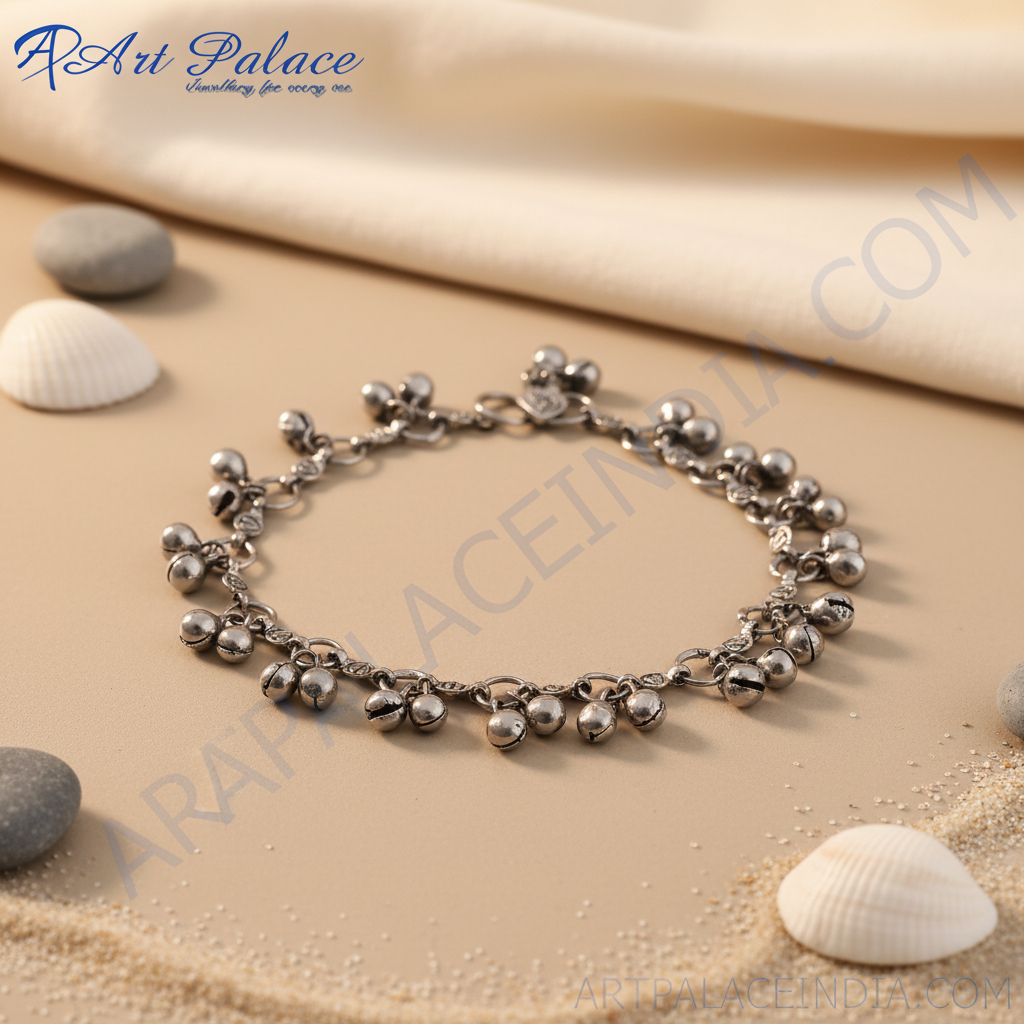 Silver anklet with multiple bells, a delicate and elegant piece of jewelry for women.