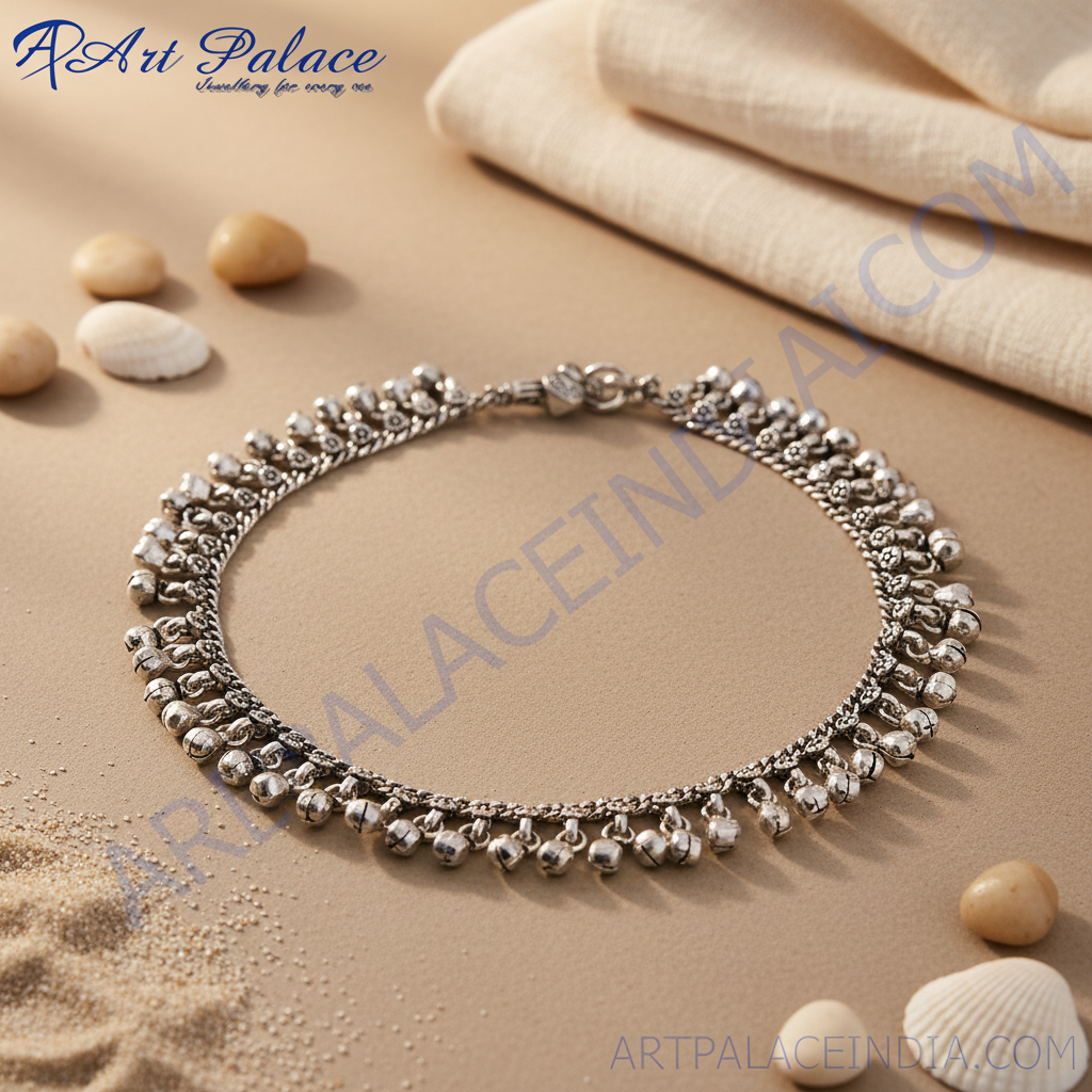Sterling silver anklet with delicate chain and dangling bells, a beautiful piece of indian jewelry for women
